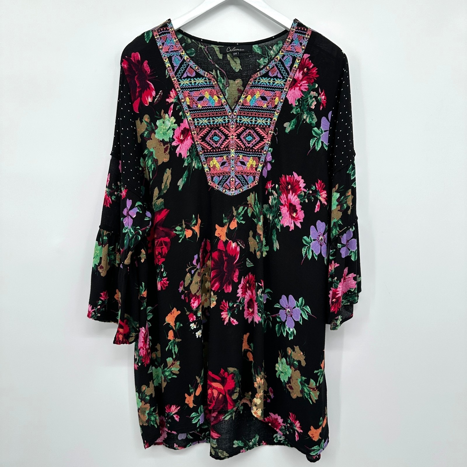 Calessa Tunic Top Shirt Blouse Size 2x Embroidered Hi Low 3/4 Bell Sleeve Boho